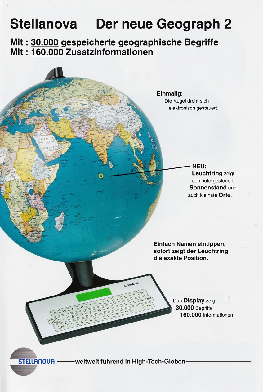 Werbeprospekt für den Geograph 2, den Computerglobus von Stellanova
